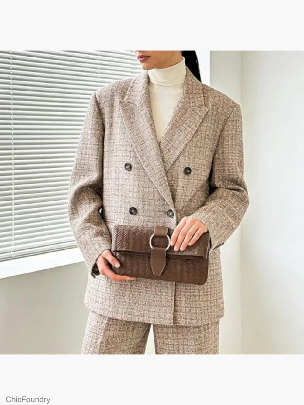 Woven PU Leather Evening Clutch with O-Ring Buckle for Women